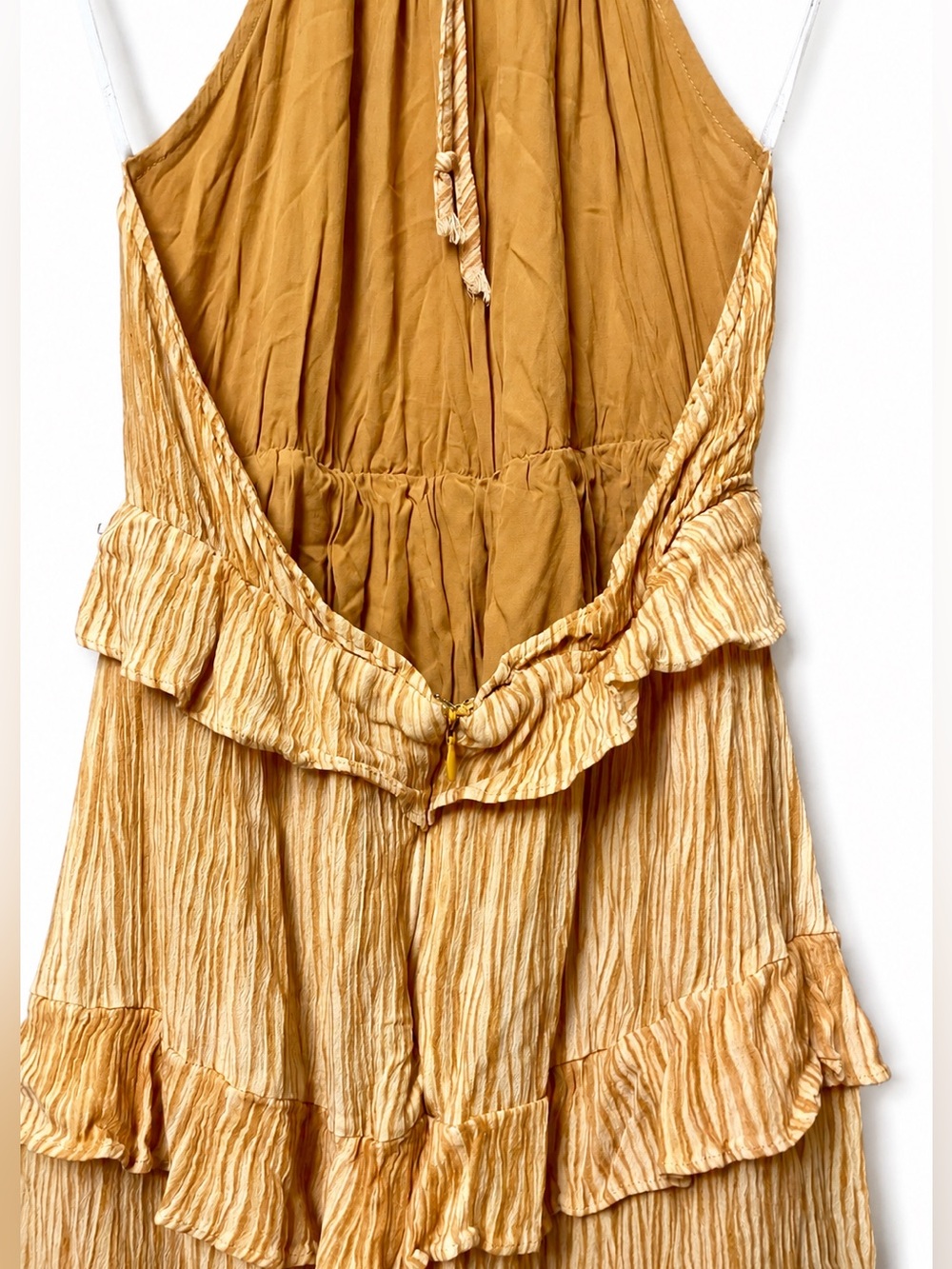 Lulus Mustard Yellow Crinkle Halter Ruffle Mini Dress | Open Back | Size S - Picture 3 of 6